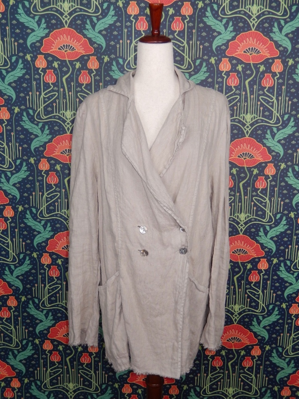 Jaga DTLA Beige Linen Double Breasted Lagenlook Blazer Jacket 3/M